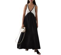 Women Summer V Neck Satin Maxi Dress Sleeveless Color Block Patchwork Long Dress Loose Swing Summer Sundress (Black, XL)