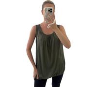 Women Summer Vests Racer Relaxed Ruched Hem Sleeveless Bubble Elasticated Camisole Round Neck Plus Size Vest Top Ladies Casual Plain Tops Khaki UK 8-14