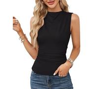 Women Summer Vests Sleeveless Slim Fit Ruched Blouse Mock Neck Work Business OL Office Wear CLK030-01/Black