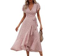 Women Summer Wrap Maxi Dresses Casual Split Flared Sleeve V-Neck Floral Dress Tie Waist Flowy Ruffle Beach Vacation Sundress,Blue and White Striped Dress Sun Dresses for Women UK Plus Size,u2371k