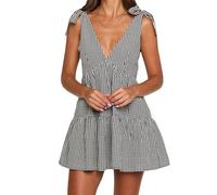 Women Summer Y2K Wide Strap Tie Shoulder Mini Dress Sleeveless V Neck Plaid Print Flowy Dress A-Line Swing Beach Sundress (Black A, S)