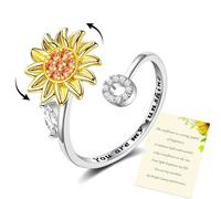Women Sunflower Initial Letter Spinner Ring - Open, Adjustable Daisy Stress Relieving Jewelry Gift
