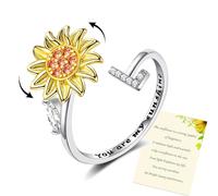 Women Sunflower Initial Letter Spinner Ring Open Adjustable Ring CZ Rings Daisy Stress Relieving Ring Jewelry Gift for Women Girl (L)