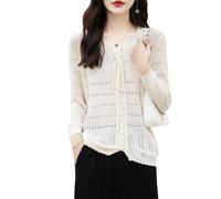 Women Sweater Lace Collar Hollow Out Pullover with Rope Sweater Slim Knitted Warm Bottoming Tops Beige XL