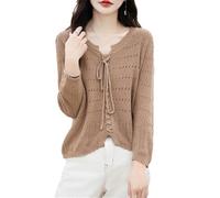 Women Sweater Lace Collar Hollow Out Pullover with Rope Sweater Slim Knitted Warm Bottoming Tops Lighttan L
