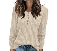Women Sweatershirt Jumper UK Ladies Casual Button Long Sleeve Fall Sweater for Womens Solid Color Soft Ribbed Knitted Oversized Pullover Loose Fit Lightweight Crochet Jumpers Workwear Beige
