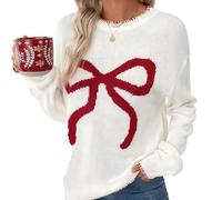 Women Sweatshirt Christmas Jumper Knit Bow Print Pullover Crewneck Basic Loose Ladies Knitwear Sweater Women's Tops Ribbon Graphic Print Christmas Jumpers for Spring Autumn Winter Beige