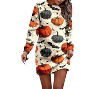 Women Sweatshirts Dress Halloween Spider Web Crew Neck Long Sleeve Dresses Black Cat Patchwork Horror Pumpkin Party Casual Loose Blood Splatter Fall Outfits 2025 Clothes, Beige, M