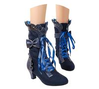Women Sweet Bow Boots Mid Heels Lace Up Victorian boots Mid Calf Kawaii Boot Fall Winter Suede Lace Up Mid Calf Boot Goth Steampunk Halloween
