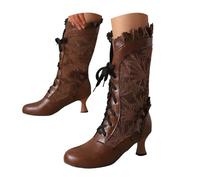 Women Sweet Bow Boots Mid Heels Lace Up Victorian boots Mid Calf Kawaii Boot Fall Winter Suede Lace Up Mid Calf Boot Goth Steampunk Halloween