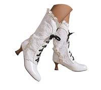 Women Sweet Bow Boots Mid Heels Lace Up Victorian boots Mid Calf Kawaii Boot Fall Winter Suede Lace Up Mid Calf Boot Goth Steampunk Halloween