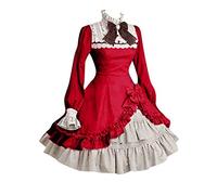 Women Sweet Lolita Dress Victorian Long Sleeve Princess Halloween Cosplay Costumes Lace Layers Maid Dresses(Red,3X-Large)