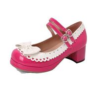 Women Sweet Mary Janes Female Pumps Block Heels Mixed Color Bowknot Double Buckle Strap Plus Size Style Shoes Rose Red 12