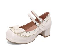 Women Sweet Mary Janes Female Pumps Block Heels Mixed Color Bowknot Double Buckle Strap Plus Size Style Shoes White 12