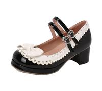 Women Sweet Mary Janes Female Pumps Block Heels Mixed Color Bowknot Double Buckle Strap Plus Size Style Shoes Black 12