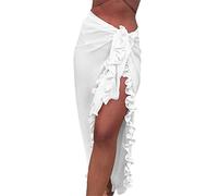 Women Swimsuit See Through Mesh Ruffle Side Tie Beach Sarong Wrap Skirt Long Skirt, White, One size