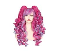 Women Synthetic Hair 24 Inch Long Curly Cosplay Wig Halloween Wigs For Party With 2 Ponytails Adds Volume(Red mix purple)