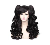 Women Synthetic Hair 24 Inch Long Curly Cosplay Wig Halloween Wigs For Party With 2 Ponytails Adds Volume(Black)