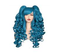 Women Synthetic Hair 24 Inch Long Curly Cosplay Wig Halloween Wigs For Party With 2 Ponytails Adds Volume(Blue)