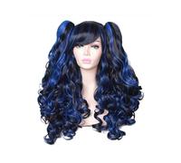 Women Synthetic Hair 24 Inch Long Curly Cosplay Wig Halloween Wigs For Party With 2 Ponytails Adds Volume(Black mix blue)