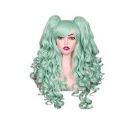 Women Synthetic Hair 24 Inch Long Curly Cosplay Wig Halloween Wigs For Party With 2 Ponytails Adds Volume(Green)