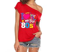Women T Shirt,80s Off The Shoulder Tops 80s Retro Vintage Alphanumeric Pattern T Shirts Girls 80s Outfit 80s Party T-Shirt,Ladies Cap Sleeve Disco Neon Festive Tees Top