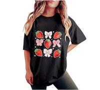 Women T Shirt for Ladies Clearance Fruit Pattern Strawberry Printed Round Neck Short Sleeve Bow Tops Drop Sleeves Fashion Going Out Tees Summer Casual Loose Outdoor Streetwear Comforty Blouses S-XXL