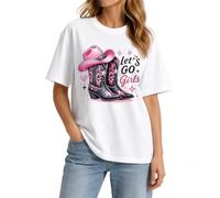 Women T-Shirt Pink Cowboy Hat Boots Let's Go Girls Graphic Print Crew Neck Short Sleeve Soft Loose Casual Western Festival Daily Tee Tops