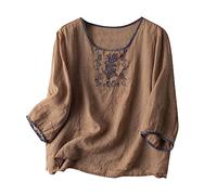 Women T-Shirt Tops for Women UK Cotton Linen Floral Printed Tops Fashion Chic Tops Ladies Blouse Round Neck Square Neck T-Shirt Casual Loose Short Sleeve Shirt Summer Tops Sale Clearance Khaki