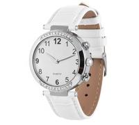 Women Talking German Voice Time Date Telling Quartz Watch with Leather Strap White - For Visually Impaired and Seniors