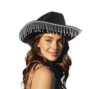 Women Tassel Cowboy Hat, Wide Brim Rhinestone Fringe Tasseled Felt Hat with Satin Band, Western Cowboy Hat Large for Club Fancy Dress Party (Black)
