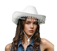 Women Tassel Cowboy Hat, Wide Brim Rhinestone Fringe Tasseled Felt Hat with Satin Band, Western Cowboy Hat Large for Club Fancy Dress Party (White)