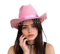 Women Tassel Cowboy Hat, Wide Brim Rhinestone Fringe Tasseled Felt Hat with Satin Band, Western Cowboy Hat Large for Club Fancy Dress Party (Pink)