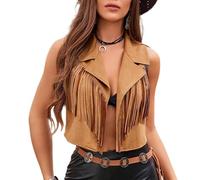 Women Tassel Crop Top Lapel Sleeveless Fringed Open Front Cowgirl Waistcoat