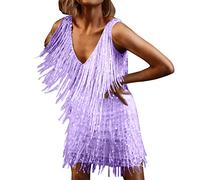 Women Tassel Flapper Dress 1920s Sleeveless V-Neck Short Mini Dress Vintage Layered Fringe Club Party Dance Prom Dress 2023 Halloween Costumes Gift for Ladies Girls Purple