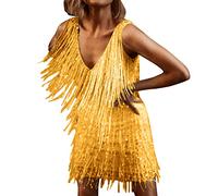 Women Tassel Flapper Dress 1920s Sleeveless V-Neck Short Mini Dress Vintage Layered Fringe Club Party Dance Prom Dress 2023 Halloween Costumes Gift for Ladies Girls Gold