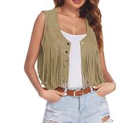 Women Tassel Fringe Vest 70s Hippie Faux Suede Sleeveless Jacket Waist coat Jacket Open Front Boho Western Jacket Cardigan Tops Cow-girl Party (Brown, S)