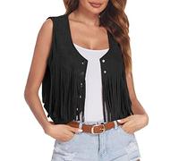 Women Tassel Fringe Vest 70s Hippie Faux Suede Sleeveless Jacket Waist coat Jacket Open Front Boho Western Jacket Cardigan Tops Cow-girl Party (Black, S)