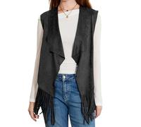 Women Tassel Vest 70s Hippie Costume Sleeveless Fringe Waistcoat Open Front Boho Western Outerwear (A-Black, L)