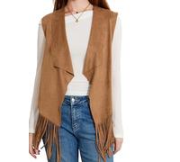Women Tassel Vest 70s Hippie Costume Sleeveless Fringe Waistcoat Open Front Boho Western Outerwear (A-Light Brown, S)
