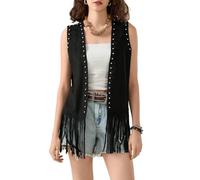 Women Tassel Vest 70s Hippie Costume Sleeveless Rivet Fringe Open Front Faux Suede Waistcoat Jacket Western Hippie Long Cardigan (A-Black, 2XL)