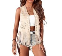 Women Tassel Vest 70s Hippie Faux Suede Rivets Sleeveless Fringe Waistcoat Jacket Open Front Boho Western Jacket Cardigan (E-Ivory, XXL)