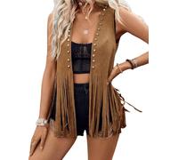 Women Tassel Vest 70s Hippie Faux Suede Rivets Sleeveless Fringe Waistcoat Jacket Open Front Boho Western Jacket Cardigan (C-Dark Brown, L)