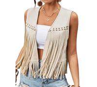 Women Tassel Vest 70s Hippie Sleeveless Rivet Faux Suede Vest Western Fringe Waistcoat Open Front Jacket Cardigan (F-White, M)