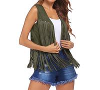 Women Tassel Vest 70s Hippie Waistcoat Gilets Lightweight Solid Color Open Front Sleeveless Jacket with Tassel Streetwear Outerwear (A-Army Green, M)