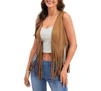 Women Tassel Vest Faux Suede Rivets Sleeveless Fringe Waistcoat Fashion Western 70s Hippie Jacket Cardigan Streetwear (Camel, M)