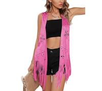 Women Tassel Vest Sleeveless Western Cowgirl Faux Suede Fringe Vest 70s Hippie Vintage Gilets Y2k Jacket Waistcoat Outerwear (C-Purplish Red, XXL)