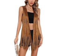 Women Tassel Vest Sleeveless Western Cowgirl Faux Suede Fringe Vest 70s Hippie Vintage Gilets Y2k Jacket Waistcoat Outerwear (C-Brown, L)