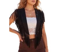 Women Tassel Vest Y2K Sleeveless Collar Faux Suede Vest | Soft Fabric Fringe Waistcoat Open Front Boho Jacket Cardigan Cowgirl Western Outfit
