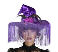 Women Tassel Witch Hat Satin Wizard Hat with LED Lights Pointed Witch Hats Fancy Dress Accessory for Halloween Witch Costume Party Christmas Carnivals